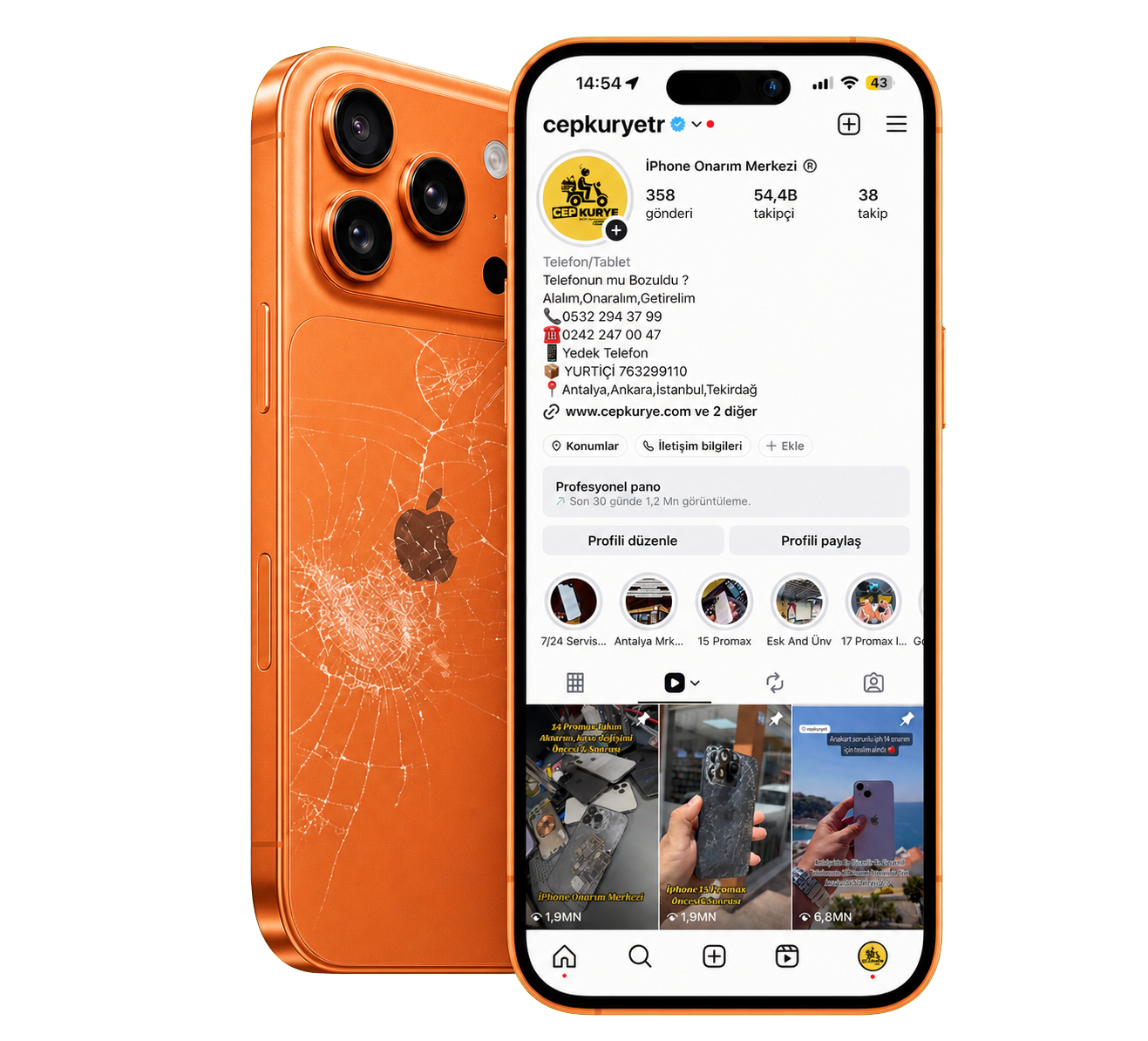 Cep Kurye Instagram profili gösteren turuncu iPhone 17 Pro